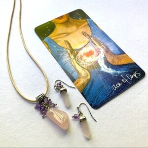 Rosaline ~Ace of Cups~ Natural Rose Quartz & Amethyst Pendant + Earrings Set
